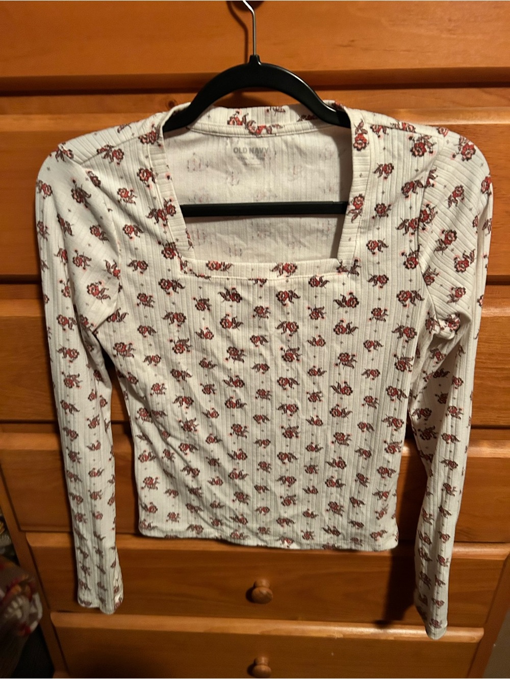 Old Navy Women's White Floral Square-Neck Ribbed Top Medium
